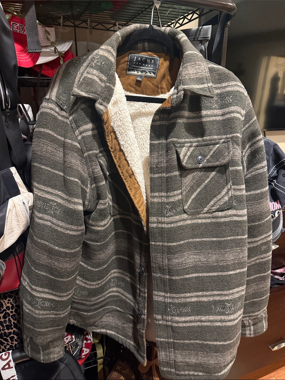 Jachs Men's Olive and Gray Striped Sherpa-Lined Shirt Jacket